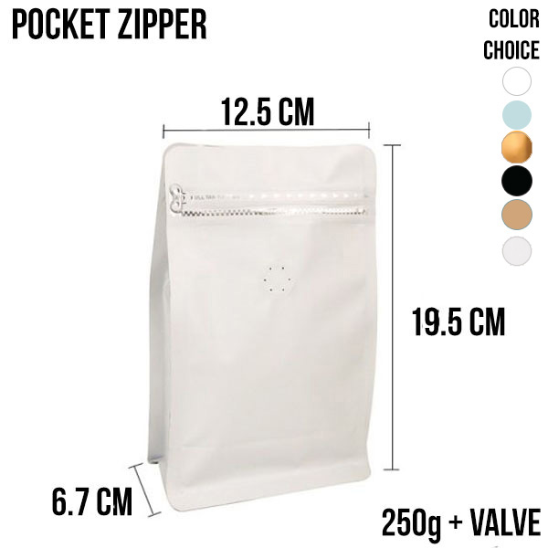 ถุงกาแฟ ซิปข้าง + วาลว์ 250g Side Pocket Zipper Coffee Bag with Valve (Color Choice) - Image 1